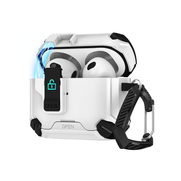 Magnetic Case for Airpods 4th Gen with Secure Switch Locking & Phone Stand, Military-Grade Drop Protection Rugged Case Cover with Carabiner & Climbing Buckle for Airpods 4th Gen, White Black