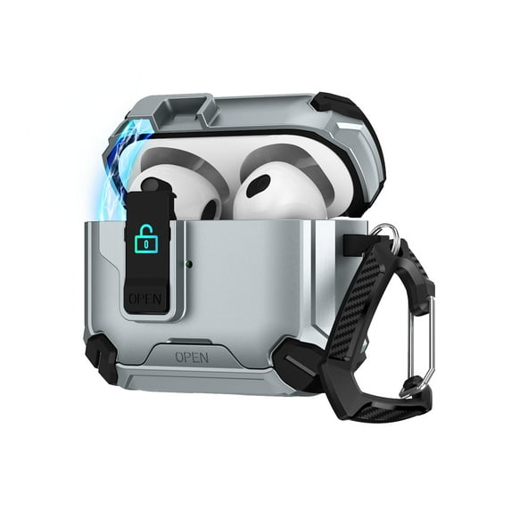 Magnetic Case for Airpods 4th Gen with Secure Switch Locking & Phone Stand, Military-Grade Drop Protection Rugged Case Cover with Carabiner & Climbing Buckle for Airpods 4th Gen, Gray