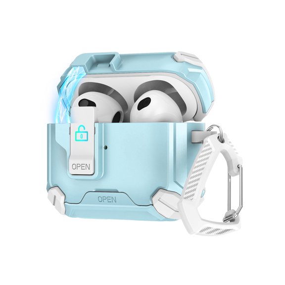 Magnetic Case for Airpods Pro 2nd Gen (2022) with Secure Switch Locking & Phone Stand, Military-Grade Drop Protection Rugged Case Cover with Carabiner & Climbing Buckle, Blue White