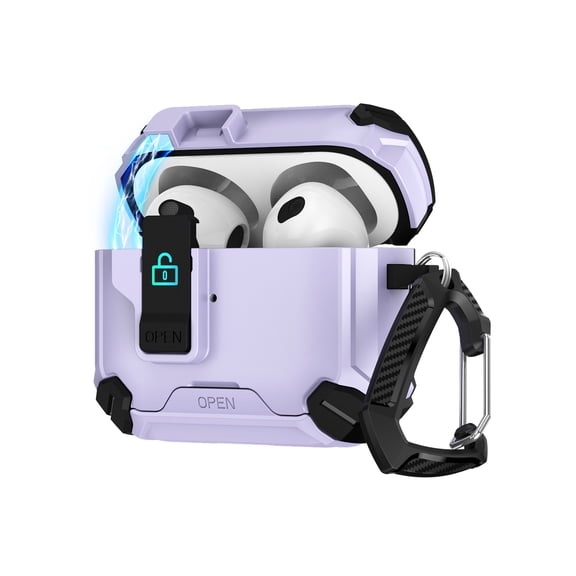 Magnetic Case for Airpods Pro 2nd Gen (2022) with Secure Switch Locking & Phone Stand, Military-Grade Drop Protection Rugged Case Cover with Carabiner & Climbing Buckle, Purple