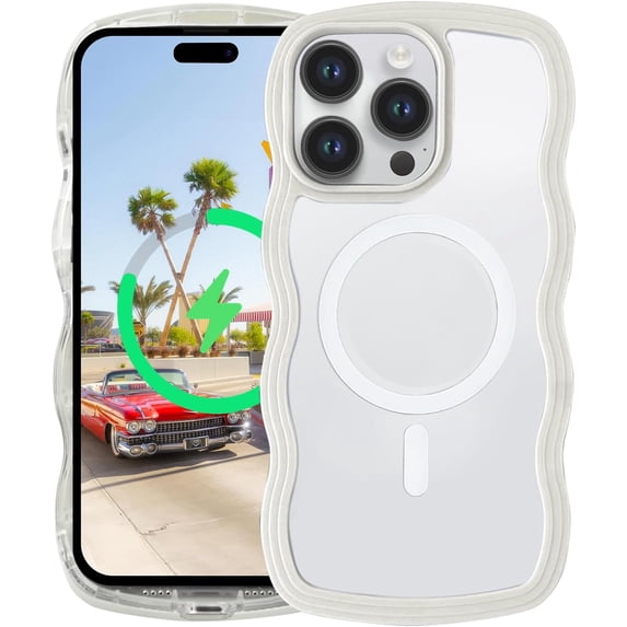 Magnetic Case Candy Wave Frame Case for iPhone 13 Pro Max 6.7 inch, Cute Curvy Case Compatible with Magsafe Shockproof Cover Non-Yellowing Clear Case Slim Fit Case for Women Girl-White