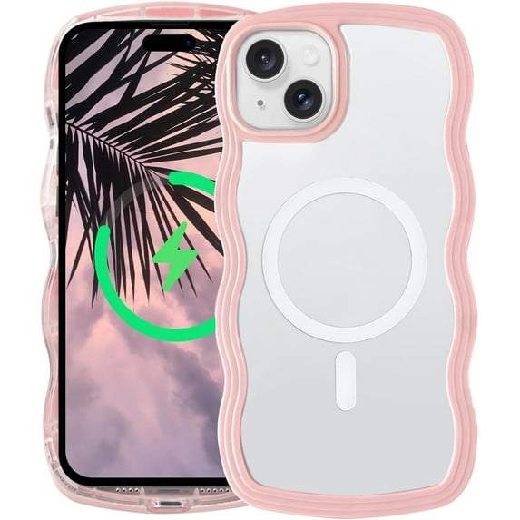 Magnetic Case Candy Wave Frame Case for iPhone 13/iPhone 14 6.1 inch, Cute Curvy Case Compatible with Magsafe Shockproof Cover Non-Yellowing Clear Case Slim Fit Case for Women Girl-Pink