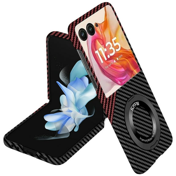 Magnetic Case Compatible with Motorola Razr 2024 with 360 Rotating Ring Kickstand, Aramid Carbon Fiber Ultra-Thin Shockproof Protective Cover for Razr 2024 Compatible with MagSafe, Blackred