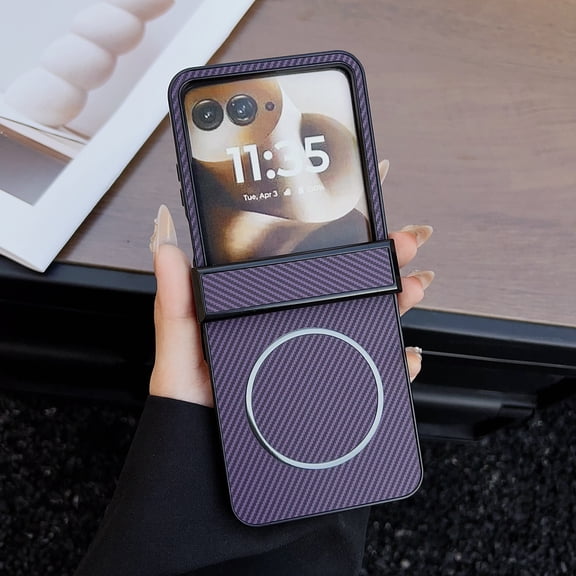 Magnetic Case Compatible for Motorola Razr 2024 Case, Fiber Texture Back Non-Slip Hard Shockproof Slim Lightweight Protective Phone Case Cover for Motorola Razr 2024, Purple