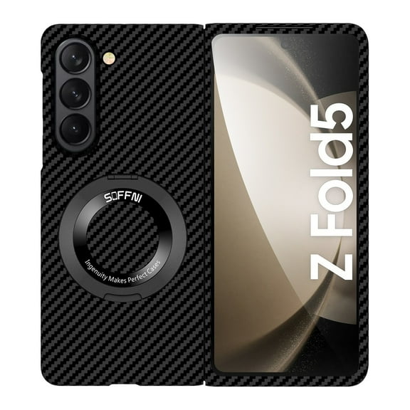 Magnetic Case Compatible with Samsung Galaxy Z Fold 6 with 360 Rotating Ring Kickstand, Aramid Carbon Fiber Ultra-Thin Shockproof Protective Cover for Z Fold 6 Compatible with MagSafe, Black