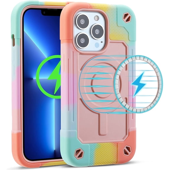 Magnetic Case Compatible with iPhone 13 Pro Case 6.1 Inch with MagSafe, Military Grade Drop Protection Full Body Rugged Heavy Duty Protective Cover for iPhone 13 Pro 6.1. (Rainbow Pink)