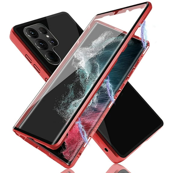 Magnetic Case Compatible with Samsung Galaxy S23 Ultra Double Sided Clear Tempered Glass Full Protective Case-Red