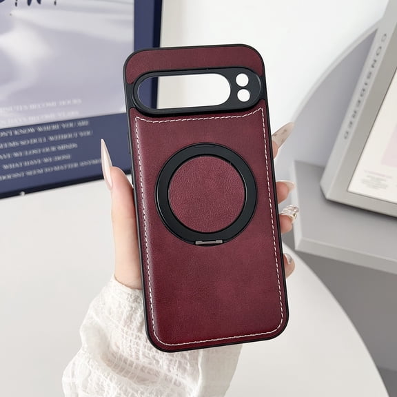 Magnetic Case Designed for Google Pixel 10 Pro XL, Compatible with Magsafe Wireless Charging, PU Leather 360 Degree Rotatable Ring Stand Kickstand Rugged PU Leather Shockproof Phone Cover,Winered