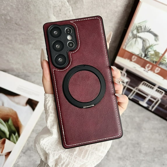 Magnetic Case Designed for Samsung Galaxy A36 5G, Compatible with Magsafe Wireless Charging, PU Leather 360 Degree Rotatable Ring Stand Kickstand Rugged PU Leather Shockproof Phone Cover,Winered