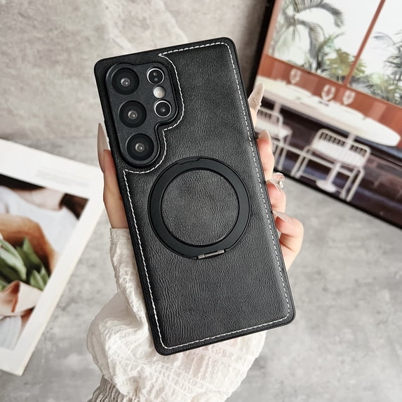 Magnetic Case Designed for Samsung Galaxy S22, Compatible with Magsafe Wireless Charging, PU Leather 360 Degree Rotatable Ring Stand Kickstand Rugged PU Leather Shockproof Phone Cover,Black