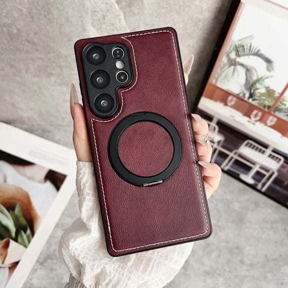 Magnetic Case Designed for Samsung Galaxy S23 Plus, Compatible with Magsafe Wireless Charging, PU Leather 360 Degree Rotatable Ring Stand Kickstand Rugged PU Leather Shockproof Phone Cover,Winered