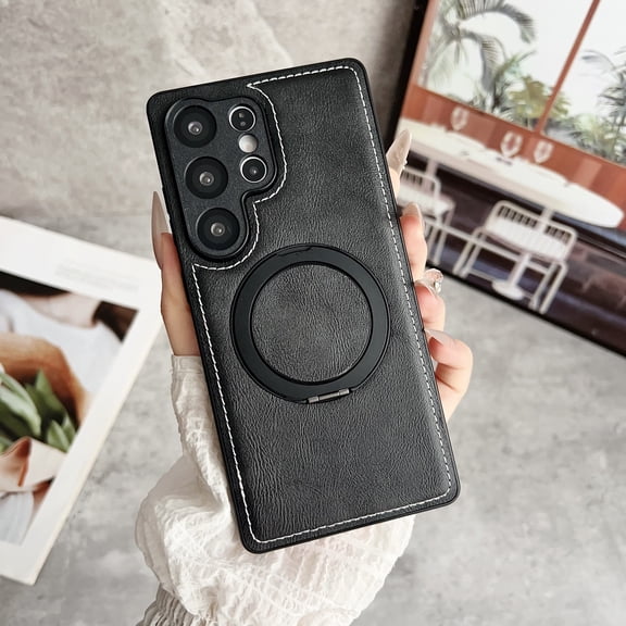 Magnetic Case Designed for Samsung Galaxy S25 Ultra, Compatible with Magsafe Wireless Charging, PU Leather 360 Degree Rotatable Ring Stand Kickstand Rugged PU Leather Shockproof Phone Cover,Black