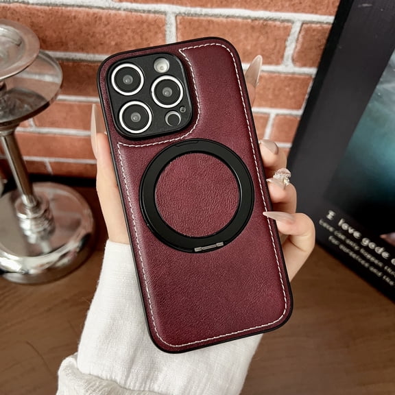 Magnetic Case Designed for iPhone 12, Compatible with Magsafe Wireless Charging, PU Leather 360 Degree Rotatable Ring Stand Kickstand Rugged PU Leather Shockproof Phone Cover,Winered