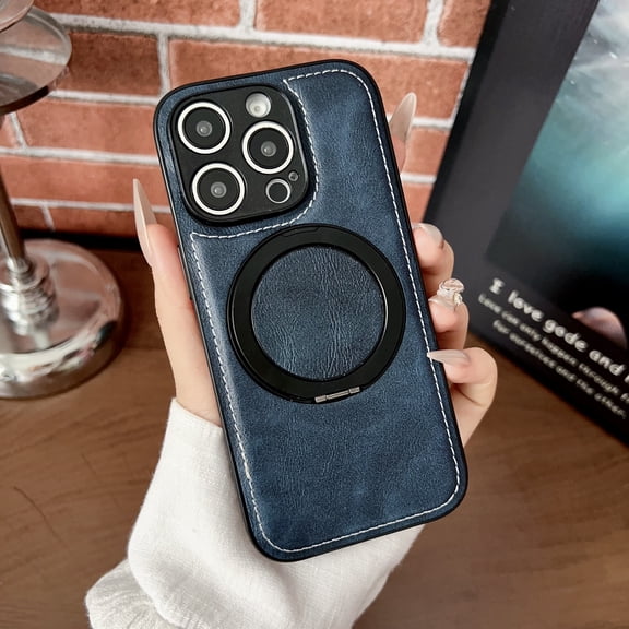 Magnetic Case Designed for iPhone 13, Compatible with Magsafe Wireless Charging, PU Leather 360 Degree Rotatable Ring Stand Kickstand Rugged PU Leather Shockproof Phone Cover,Darkblue