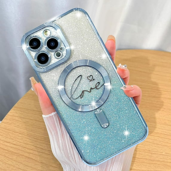 Magnetic Case Designed for iPhone 13 Pro Glitter Case Luxury Plating Love Heart Compatible with MagSafe Clear Case with Camera Protector Protection Shockproof Cover for Women Girls-Blue