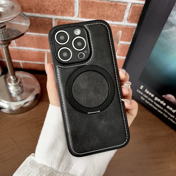 Magnetic Case Designed for iPhone 13 Pro Max, Compatible with Magsafe Wireless Charging, PU Leather 360 Degree Rotatable Ring Stand Kickstand Rugged PU Leather Shockproof Phone Cover,Black