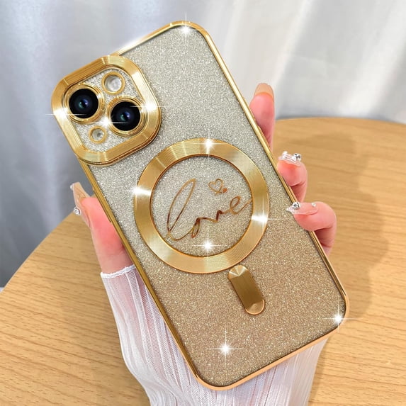 Magnetic Case Designed for iPhone 14 Plus Glitter Case Luxury Plating Love Heart Compatible with MagSafe Clear Case with Camera Protector Protection Shockproof Cover for Women Girls-Gold