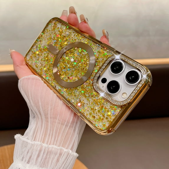 Magnetic Case Designed for iPhone 16 Clear Glitter - Compatible with MagSafe Charger Phone Case for Women Girls, Full-Body Shockproof Protective Case Cover for iPhone 16 - Gold