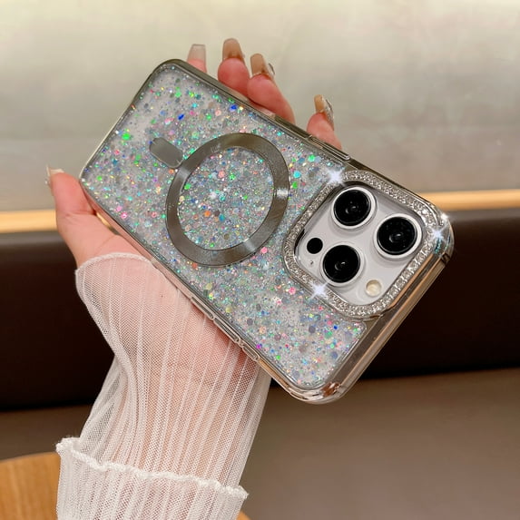 Magnetic Case Designed for iPhone 16 Plus Clear Glitter - Compatible with MagSafe Charger Phone Case for Women Girls, Full-Body Shockproof Protective Case Cover for iPhone 16 Plus - Silver