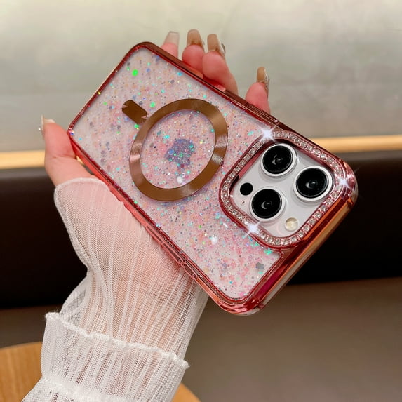 Magnetic Case Designed for iPhone 16 Plus Clear Glitter - Compatible with MagSafe Charger Phone Case for Women Girls, Full-Body Shockproof Protective Case Cover for iPhone 16 Plus - Rosegold