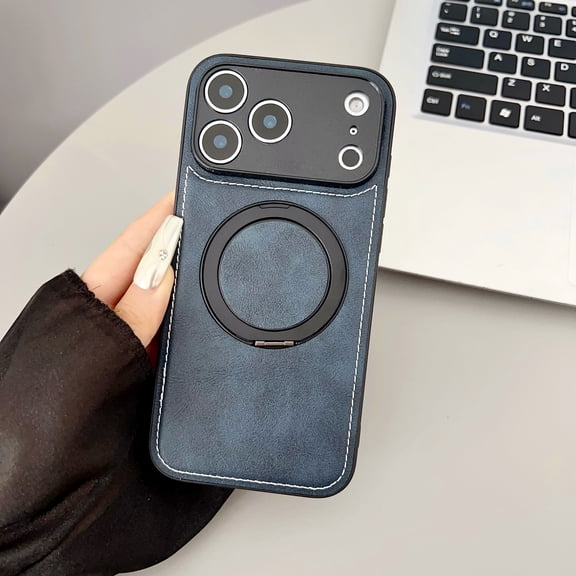 Magnetic Case Designed for iPhone 17, Compatible with Magsafe Wireless Charging, PU Leather 360 Degree Rotatable Ring Stand Kickstand Rugged PU Leather Shockproof Phone Cover,Darkblue