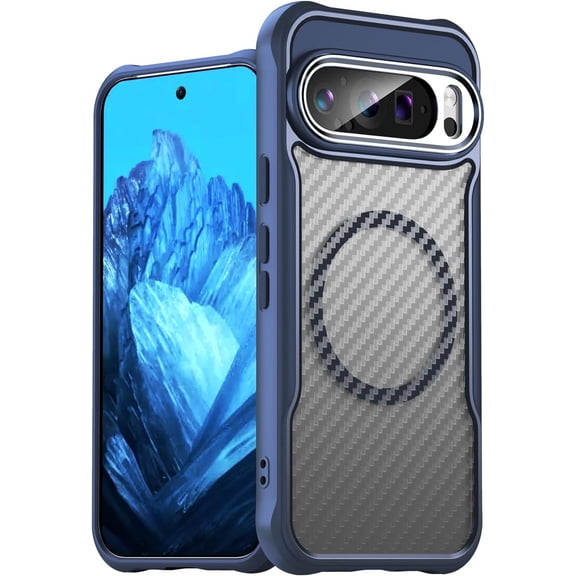 Magnetic Case for Google Pixel 8 Pro Case Compatible with Magsafe Carbon Fibre Delicate Matte Texture Soft Silicone Semi-Translucent Back Airbag Anti Drop Lens Protection Shock Case, Blue