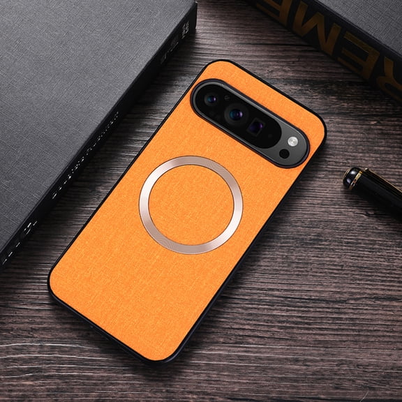 Magnetic Case For Google Pixel 8A Compatible with MagSafe, Premium Fine Woven Fabric Texture Slim Shockproof PU Leather Wireless Charging Cover Anti-Fingerprint Women Men,Orange