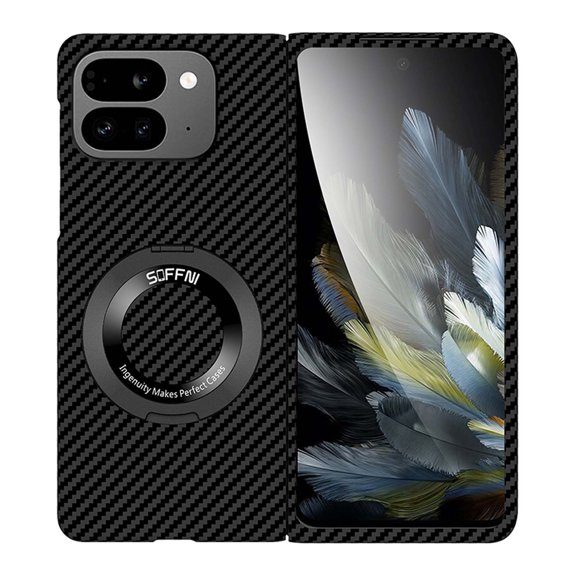 Magnetic Case for Google Pixel 9 Pro Fold Case Carbon Fiber,Ring Holder Kickstand,Compatible with MagSafe Charger Fiber Slim Thin Shockproof Rugged Protective Back Case for Pixel 9 Pro Fold,Black