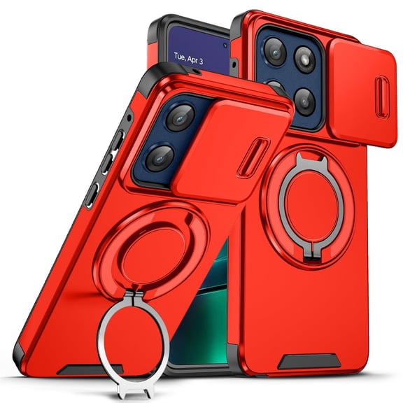 Magnetic Case for Motorola Moto G Stylus 5G 2025 ,Hard Plastic Shell Phone Case with Phone Ring Grip Holder Kickstand/Slide Camera Cover, Protective Shockproof Cover,Red