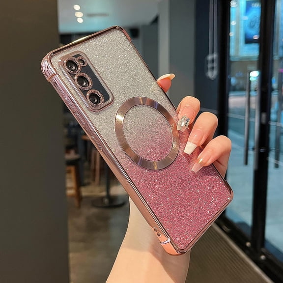 Magnetic Case for Samsung Galacxy S20 FE 5G with Gradient Glitter,[Compatible with MagSafe]Luxury Plating Cute Clear Bling Sparke Case for Women Girls,Shockproof TPU Protective Cover-Rose Gold