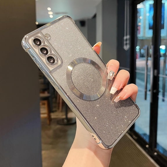 Magnetic Case for Samsung Galacxy S21 Plus 5G with Gradient Glitter,[Compatible with MagSafe]Luxury Plating Cute Clear Bling Sparke Case for Women Girls,Shockproof TPU Protective Cover-Silver
