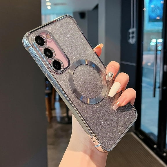 Magnetic Case for Samsung Galacxy S23 Plus 5G with Gradient Glitter,[Compatible with MagSafe]Luxury Plating Cute Clear Bling Sparke Case for Women Girls,Shockproof TPU Protective Cover-Silver