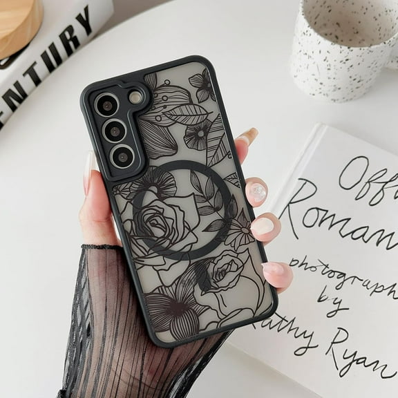 Magnetic Case for Samsung Galaxy S21 Plus Floral Rose Cute Phone Case [Compatible with Magsafe] for Women Girls Aesthetic Pattern Slim TPU Shockproof Bumper Case, Black