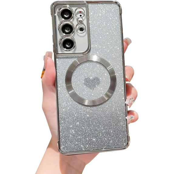 Magnetic Case for Samsung Galaxy S21 Ultra Luxury Plating Bling Gradient Glitter Cute Heart Cover Compatible with MagSafe Soft Shockproof Protective Clear Case for S21 Ultra 5g 6.8" (Silver)