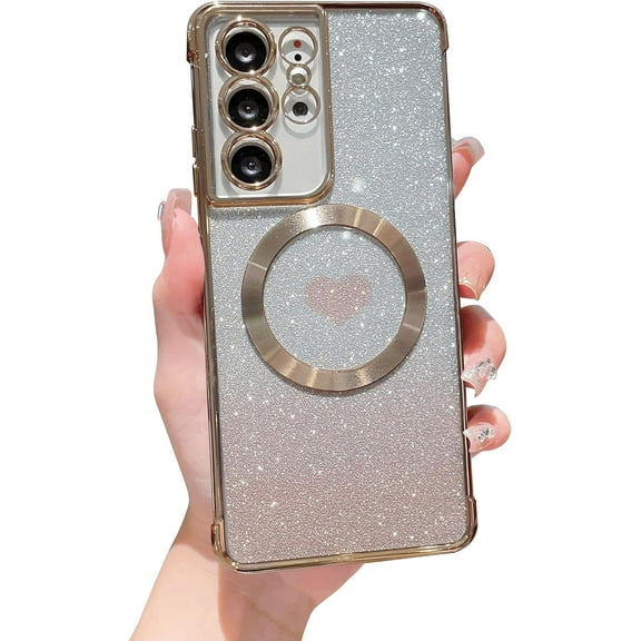 Magnetic Case for Samsung Galaxy S21 Ultra Luxury Plating Bling Gradient Glitter Cute Heart Cover Compatible with MagSafe Soft Shockproof Protective Clear Case for S21 Ultra 5g 6.8" (Gold)