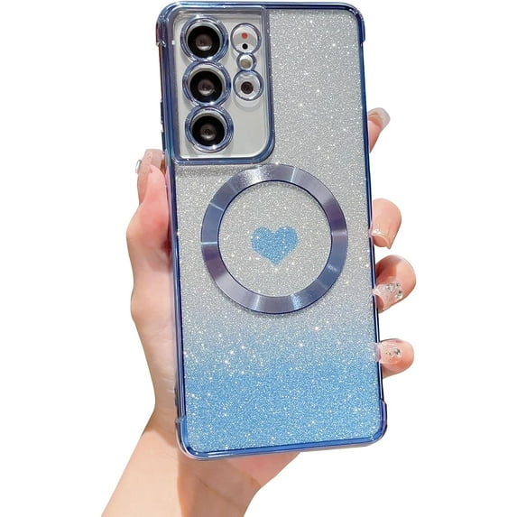Magnetic Case for Samsung Galaxy S21 Ultra Luxury Plating Bling Gradient Glitter Cute Heart Cover Compatible with MagSafe Soft Shockproof Protective Clear Case for S21 Ultra 5g 6.8" (Blue)
