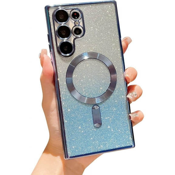 Magnetic Case for Samsung Galaxy S22 Ultra 5g Luxury Plating Bling Gradient Glitter Cover Compatible with MagSafe Soft Clear Shockproof Protective Case with Camera Lens Protector (Blue)