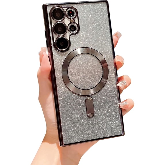 Magnetic Case for Samsung Galaxy S22 Ultra 5g Luxury Plating Bling Gradient Glitter Cover Compatible with MagSafe Soft Clear Shockproof Protective Case with Camera Lens Protector (Black)