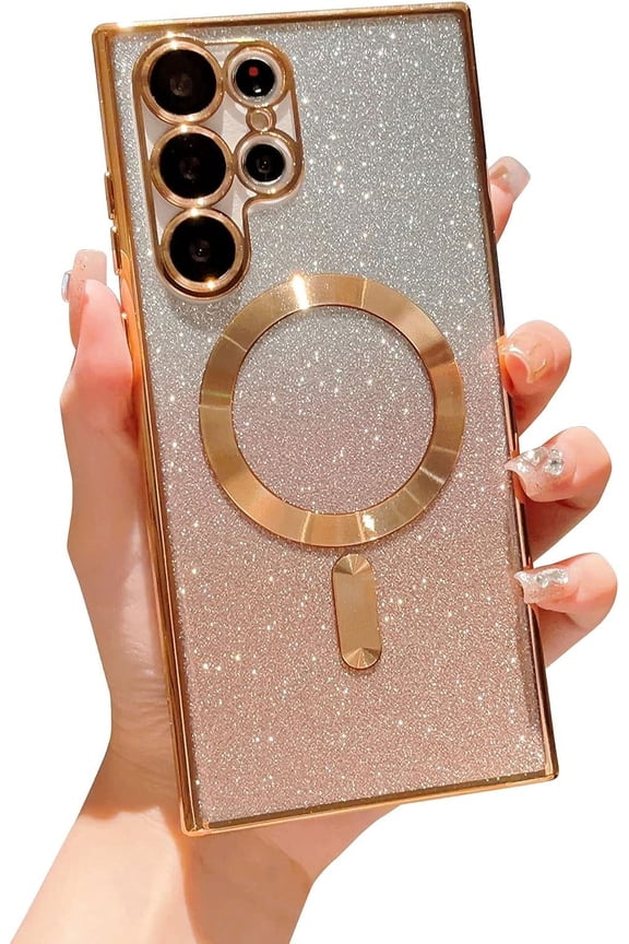 Magnetic Case for Samsung Galaxy S22 Ultra 5g Luxury Plating Bling Gradient Glitter Cover Compatible with MagSafe Soft Clear Shockproof Protective Case with Camera Lens Protector (Gold)