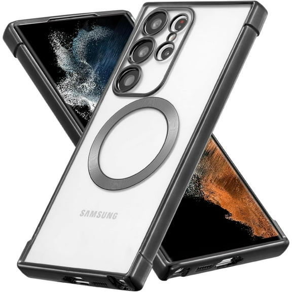 Magnetic Case for Samsung Galaxy S22 Ultra Clear Case Cover [Compatible with Magsafe & Military Grade Drop Protection] Transparent Shockproof Slim Plated Phone Case - Black