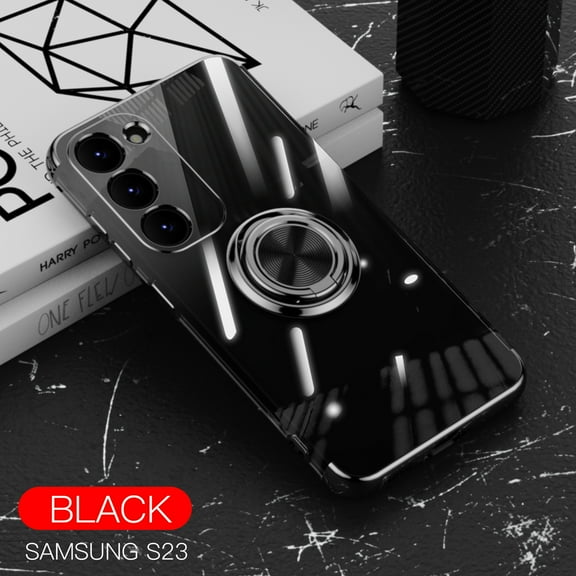 Magnetic Case for Samsung Galaxy S23, Electroplated Frame Clear Rotate Ring Holder Kickstand Slim Thin Fit Cover Support Car Mount All-Inclusive Lens Protection Anti-Yellowing Case,Black