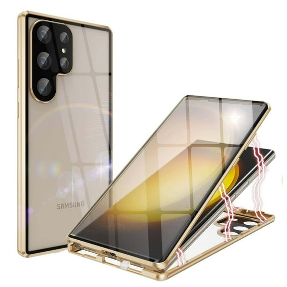 Magnetic Case for Samsung Galaxy S23+,Magnetic Adsorption Shockproof Aluminum Bumper Double Sided Clear Tempered Glass with Lens Protector No Fingerprint Unlock Cover,Gold