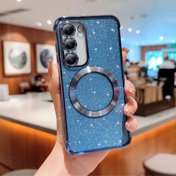 Magnetic Case for Samsung Galaxy S23 Plus, [Compatible with MagSafe] Non-Yellowing Glitter Shining Paper Clear Case for Women Girls, Rugged Shockproof Protection Phone Cover, Blue