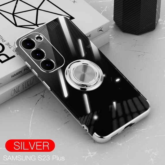 Magnetic Case for Samsung Galaxy S23 Plus, Electroplated Frame Clear Rotate Ring Holder Kickstand Slim Thin Fit Cover Support Car Mount All-Inclusive Lens Protection Anti-Yellowing Case,Silver