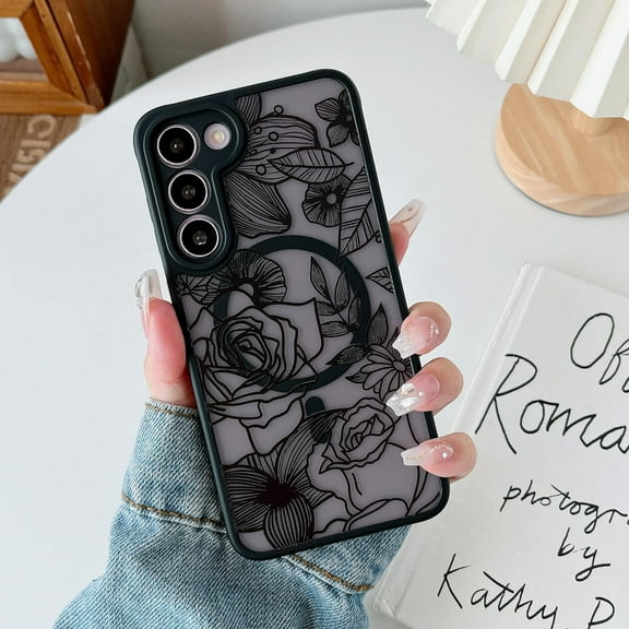 Magnetic Case for Samsung Galaxy S23 Plus Floral Rose Cute Phone Case [Compatible with Magsafe] for Women Girls Aesthetic Pattern Slim TPU Shockproof Bumper Case, Black