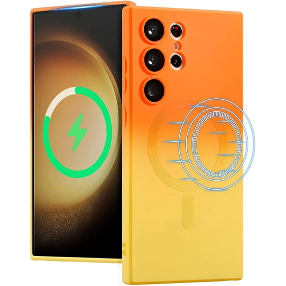 Magnetic Case for Samsung Galaxy S23 Ultra 5G, Luxury Gradient Neon Color Case Compatible with MagSafe Charger Cover with Camera Lens Protector Pretty Case for Women and Girl - Orange Yellow