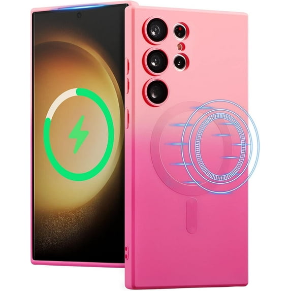 Magnetic Case for Samsung Galaxy S23 Ultra 5G, Luxury Gradient Neon Color Case Compatible with MagSafe Charger Cover with Camera Lens Protector Pretty Phone Case for Women and Girl - Pink Red