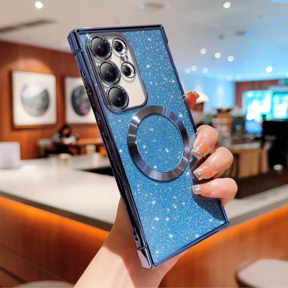 Magnetic Case for Samsung Galaxy S23 Ultra Clear Glitter Case, [Compatible with MagSafe Wireless Charging] Non-Yellowing Sparkle Shining Case for Women Girls, Rugged Shockproof Phone Case,Blue