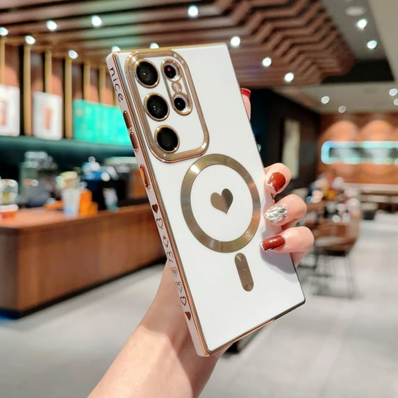 Magnetic Case for Samsung Galaxy S23 Ultra Compatible with MagSafe, Luxury Cute Plating Love Heart Side Edge Small Love Pattern for Women Girls Soft TPU with Camera Lens Protection Case, White