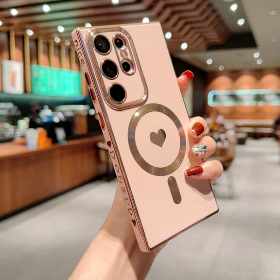 Magnetic Case for Samsung Galaxy S23 Ultra Compatible with MagSafe, Luxury Cute Plating Love Heart Side Edge Small Love Pattern for Women Girls Soft TPU with Camera Lens Protection Case, Pink